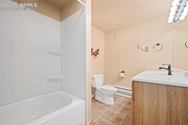 full bathroom featuring vanity, tile patterned flooring, a textured ceiling, a baseboard heating unit, and toilet