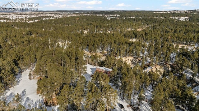 drone / aerial view featuring a wooded view