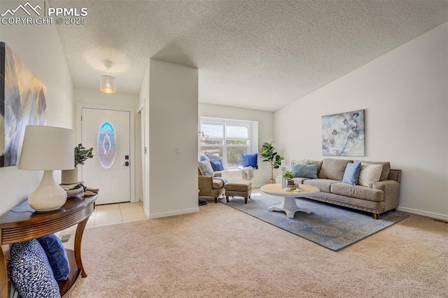 living room featuring light colored carpet, a textured ceiling, baseboards, and vaulted ceiling