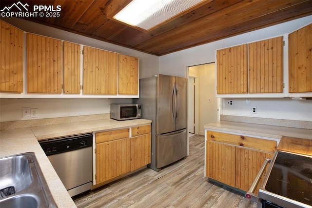 kitchen featuring light wood-style floors, appliances with stainless steel finishes, wooden ceiling, and light countertops