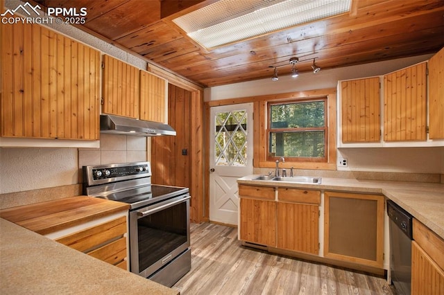 kitchen featuring under cabinet range hood, wood ceiling, light countertops, appliances with stainless steel finishes, and a sink