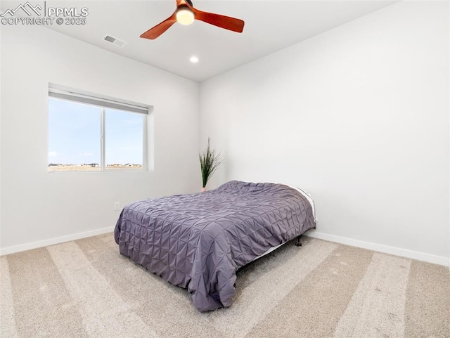 bedroom with recessed lighting, baseboards, visible vents, and carpet floors