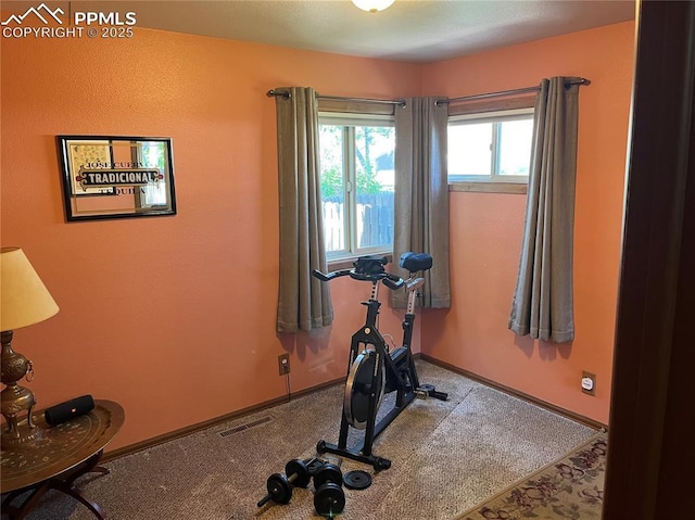 exercise area featuring visible vents and baseboards