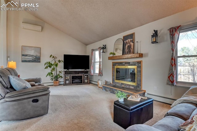 living room with a wall unit AC, lofted ceiling, carpet, a tiled fireplace, and a baseboard radiator