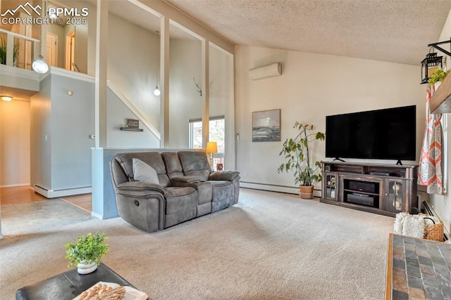 carpeted living area featuring high vaulted ceiling, a wall unit AC, a textured ceiling, and baseboard heating