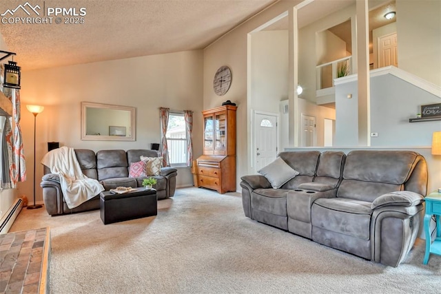 living area with a baseboard radiator, high vaulted ceiling, carpet flooring, and a textured ceiling