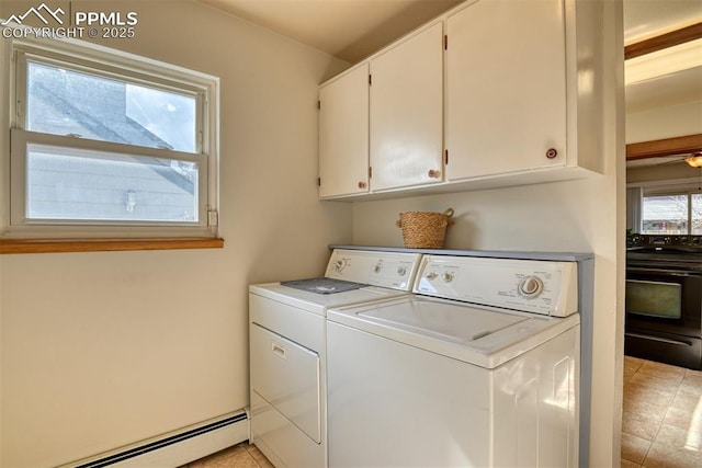 laundry room featuring separate washer and dryer, cabinet space, a baseboard heating unit, and light tile patterned floors