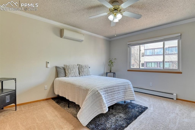 bedroom featuring carpet flooring, ornamental molding, a wall mounted air conditioner, and baseboard heating