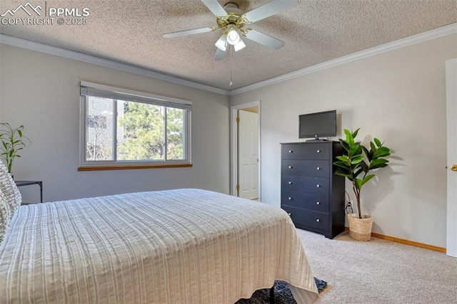 carpeted bedroom featuring baseboards, crown molding, ceiling fan, and a textured ceiling