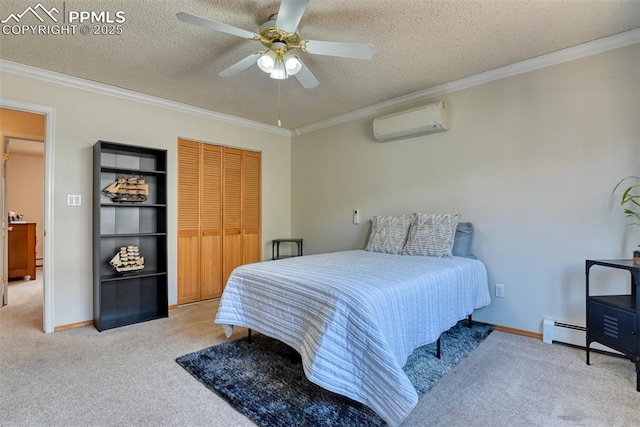 carpeted bedroom featuring a closet, a wall mounted AC, a textured ceiling, and crown molding