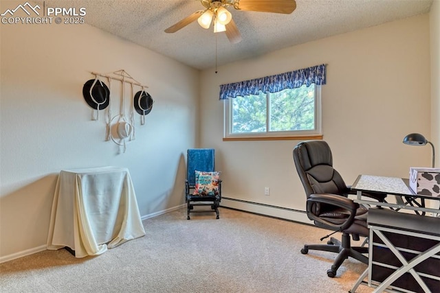 office space with a baseboard radiator, ceiling fan, carpet floors, and a textured ceiling