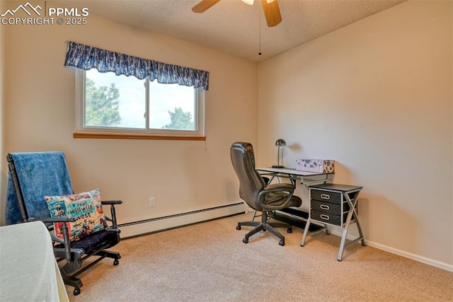 office featuring carpet flooring, a textured ceiling, a baseboard heating unit, and a ceiling fan