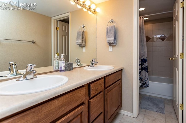 full bath with tile patterned flooring, double vanity, shower / bathtub combination with curtain, and a sink