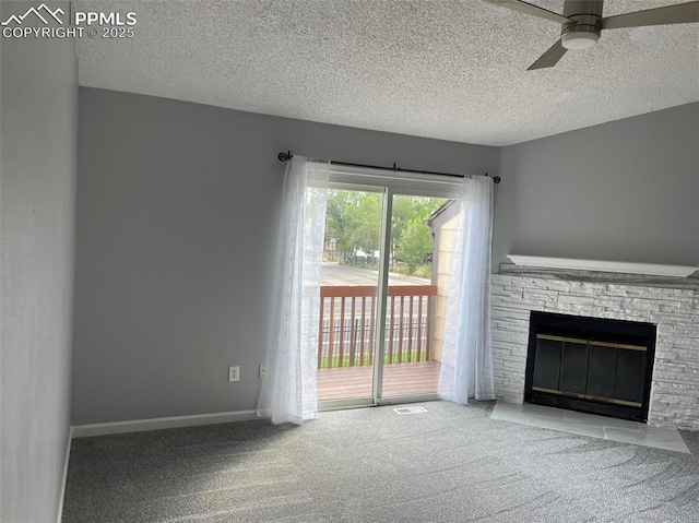 4535 Lamplighter Cir, Colorado Springs, CO 80916 - unfurnished living room featuring a fireplace, ceiling fan, baseboards, and carpet