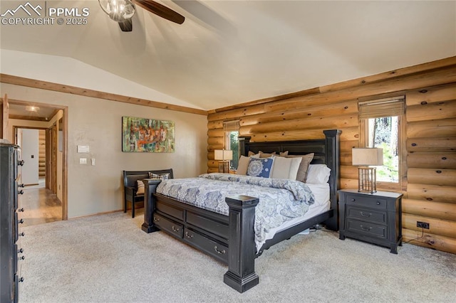 bedroom with lofted ceiling, light carpet, a ceiling fan, and log walls