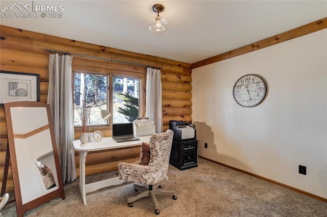 office area with log walls, baseboards, and carpet floors