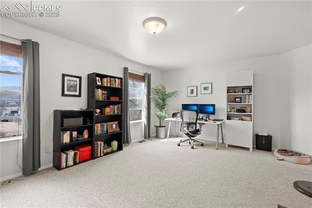 carpeted office featuring baseboards