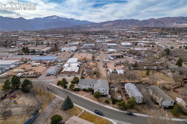 drone / aerial view featuring a mountain view