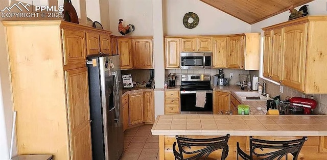 kitchen featuring a sink, tile counters, a peninsula, and stainless steel appliances