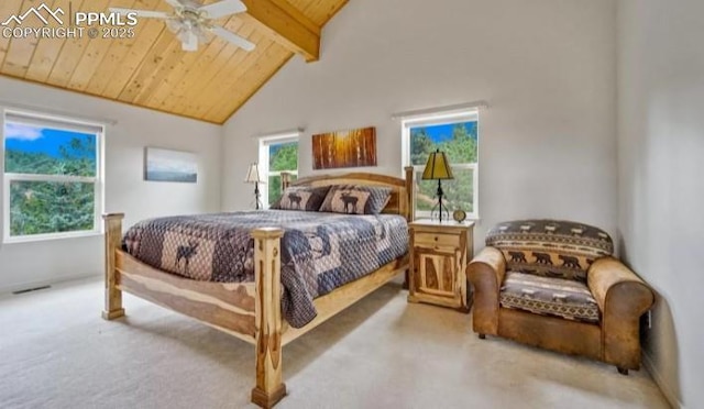 bedroom featuring visible vents, wood ceiling, carpet floors, beam ceiling, and high vaulted ceiling