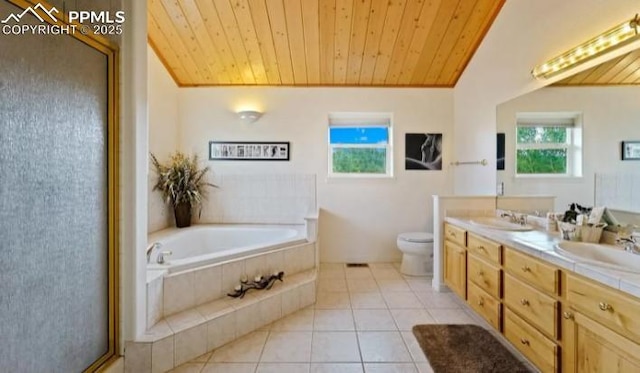 bathroom with double vanity, a sink, tile patterned flooring, wooden ceiling, and a bath