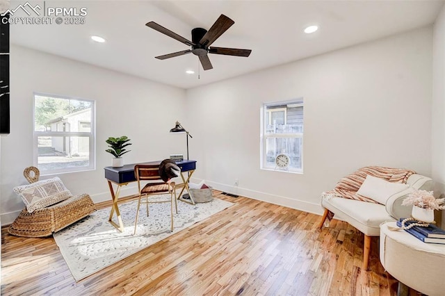 home office featuring recessed lighting, a ceiling fan, baseboards, and wood finished floors