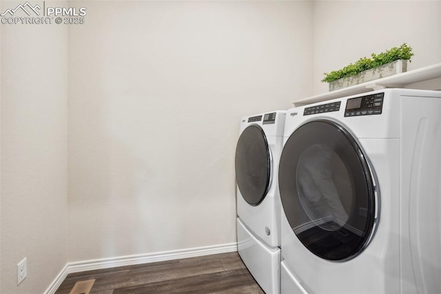 6001 Bennach Grv, Colorado Springs, CO 80927 - laundry room with dark wood-style floors, laundry area, baseboards, and separate washer and dryer