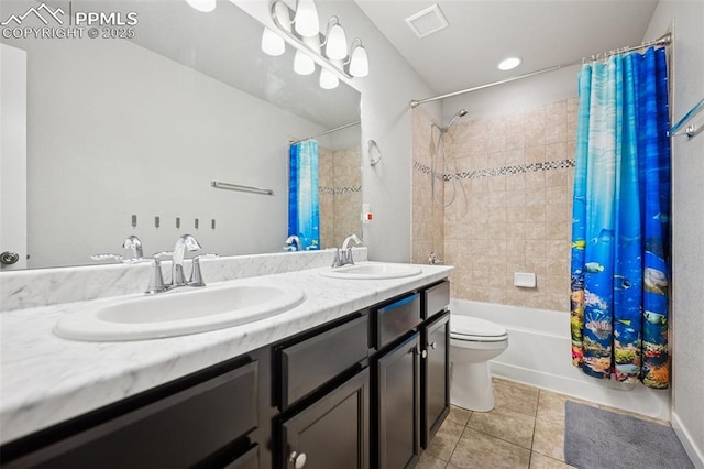 8040 Barraport Dr, Colorado Springs, CO 80908 - bathroom featuring double vanity, a sink, shower / bath combination with curtain, and tile patterned floors