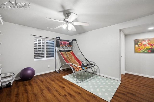 8040 Barraport Dr, Colorado Springs, CO 80908 - workout area featuring wood finished floors, visible vents, baseboards, and ceiling fan