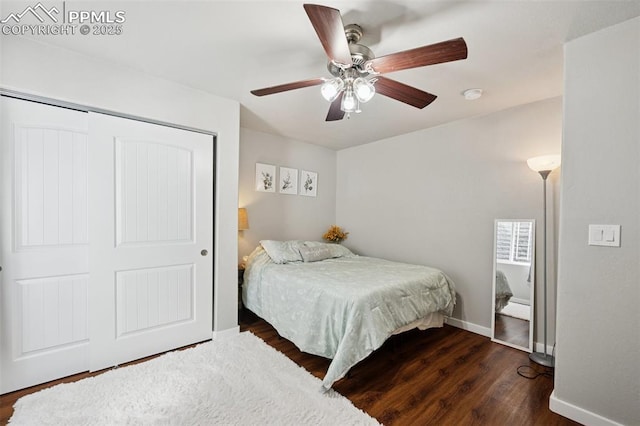 8040 Barraport Dr, Colorado Springs, CO 80908 - bedroom featuring baseboards, a closet, wood finished floors, and a ceiling fan