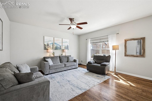 8040 Barraport Dr, Colorado Springs, CO 80908 - living room featuring baseboards, wood finished floors, and ceiling fan