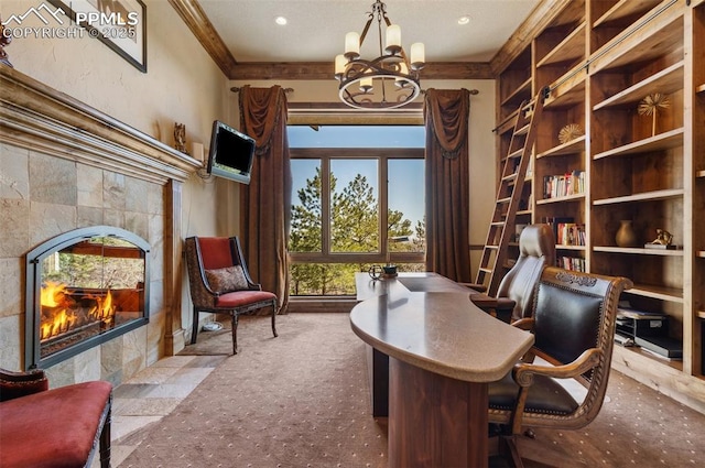 office area with recessed lighting, crown molding, a tiled fireplace, and a notable chandelier