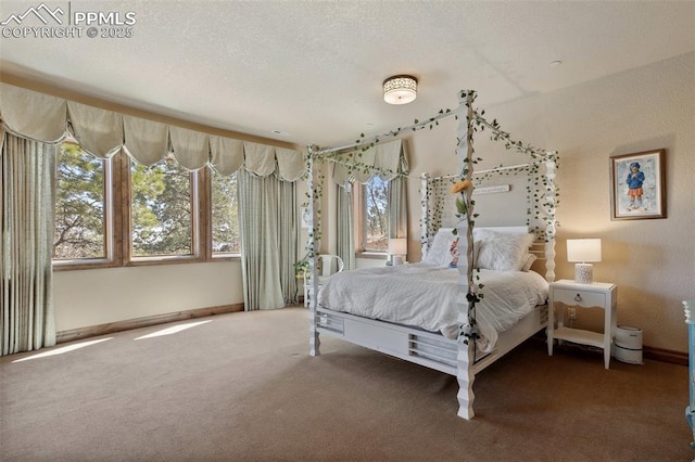 bedroom with carpet floors, baseboards, and a textured ceiling