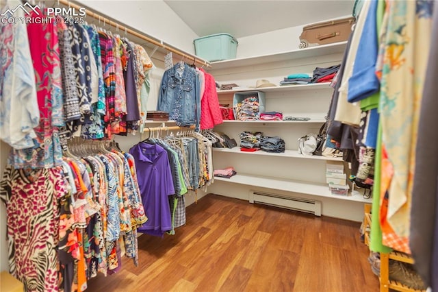 266 University Dr, Woodland Park, CO 80863 - walk in closet with wood finished floors and a baseboard radiator