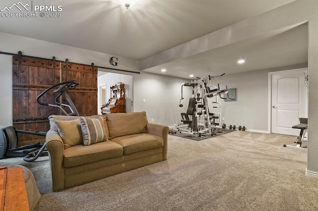 5409 Haes Haven Vw, Colorado Springs, CO 80908 - exercise area with baseboards, a barn door, recessed lighting, and carpet
