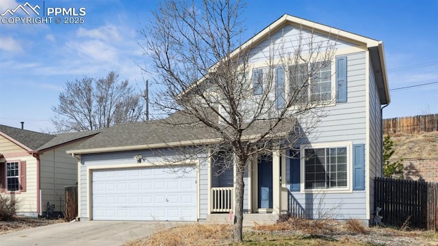 70 Audubon Dr, Colorado Springs, CO 80910 - traditional-style home with fence, a shingled roof, an attached garage, and concrete driveway