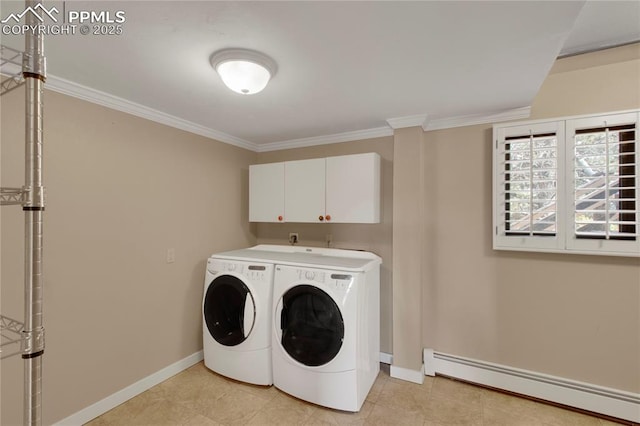 clothes washing area featuring cabinet space, separate washer and dryer, crown molding, baseboards, and baseboard heating