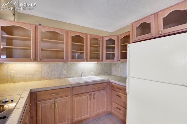 kitchen with glass insert cabinets, electric cooktop, a sink, and freestanding refrigerator