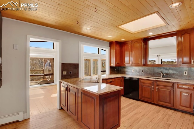 kitchen featuring a sink, a baseboard heating unit, wooden ceiling, black appliances, and a skylight