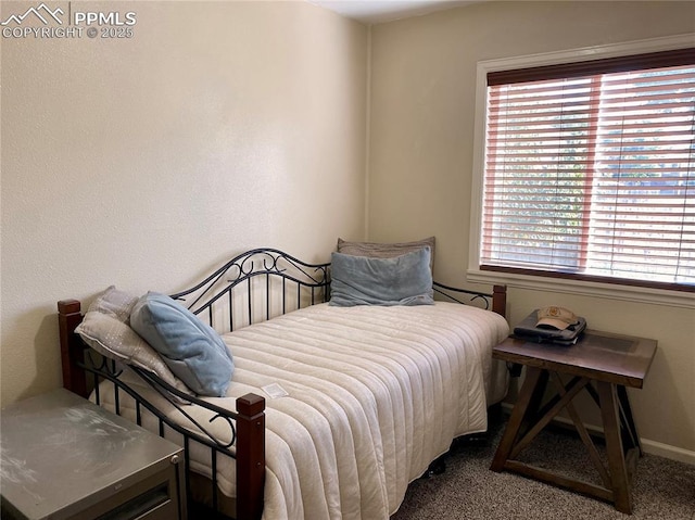 carpeted bedroom featuring multiple windows and baseboards