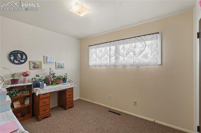 office area featuring light carpet, visible vents, and baseboards