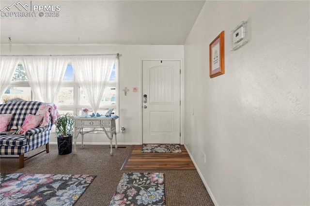 foyer with baseboards and carpet