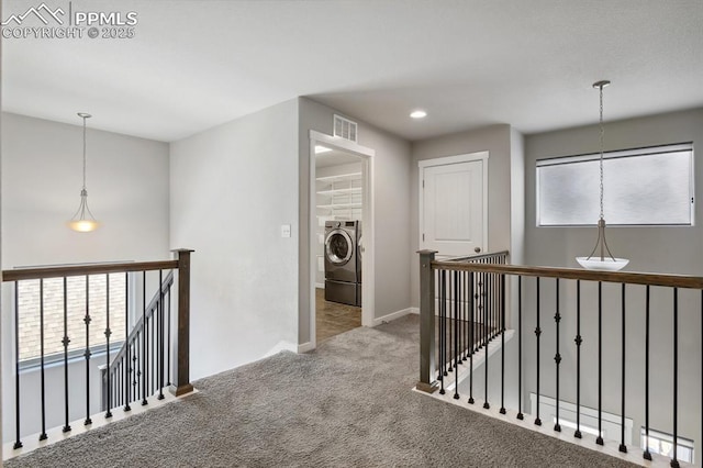1632 Derbyshire St, Colorado Springs, CO 80910 - hall with carpet flooring, an upstairs landing, visible vents, baseboards, and recessed lighting