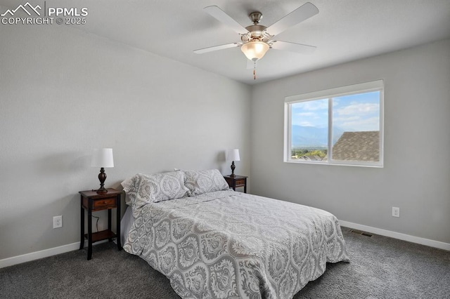 1632 Derbyshire St, Colorado Springs, CO 80910 - bedroom with baseboards, visible vents, ceiling fan, and dark carpet