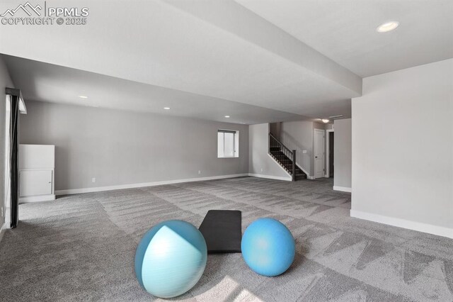 1632 Derbyshire St, Colorado Springs, CO 80910 - workout room featuring carpet, baseboards, and recessed lighting
