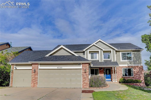 4730 Jenson Ln, Colorado Springs, CO 80922 - view of front of property with brick siding, concrete driveway, an attached garage, and roof with shingles