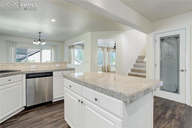 4730 Jenson Ln, Colorado Springs, CO 80922 - kitchen with dishwasher, dark wood finished floors, a chandelier, tile counters, and recessed lighting
