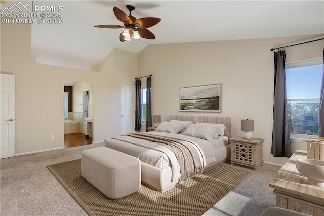4730 Jenson Ln, Colorado Springs, CO 80922 - carpeted bedroom featuring multiple windows, baseboards, ceiling fan, high vaulted ceiling, and connected bathroom
