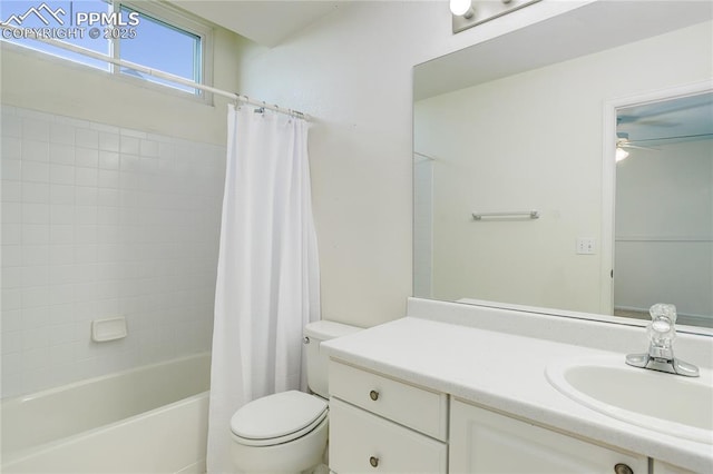4730 Jenson Ln, Colorado Springs, CO 80922 - full bathroom with toilet, shower / bath combo, vanity, and a ceiling fan