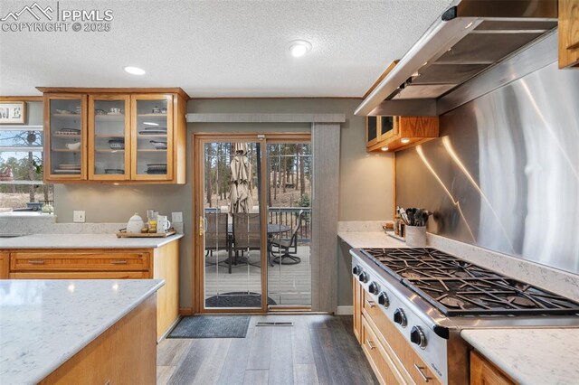6770 Gun Club Trl, Colorado Springs, CO 80908 - kitchen featuring wood finished floors, brown cabinetry, glass insert cabinets, light stone countertops, and stainless steel gas cooktop